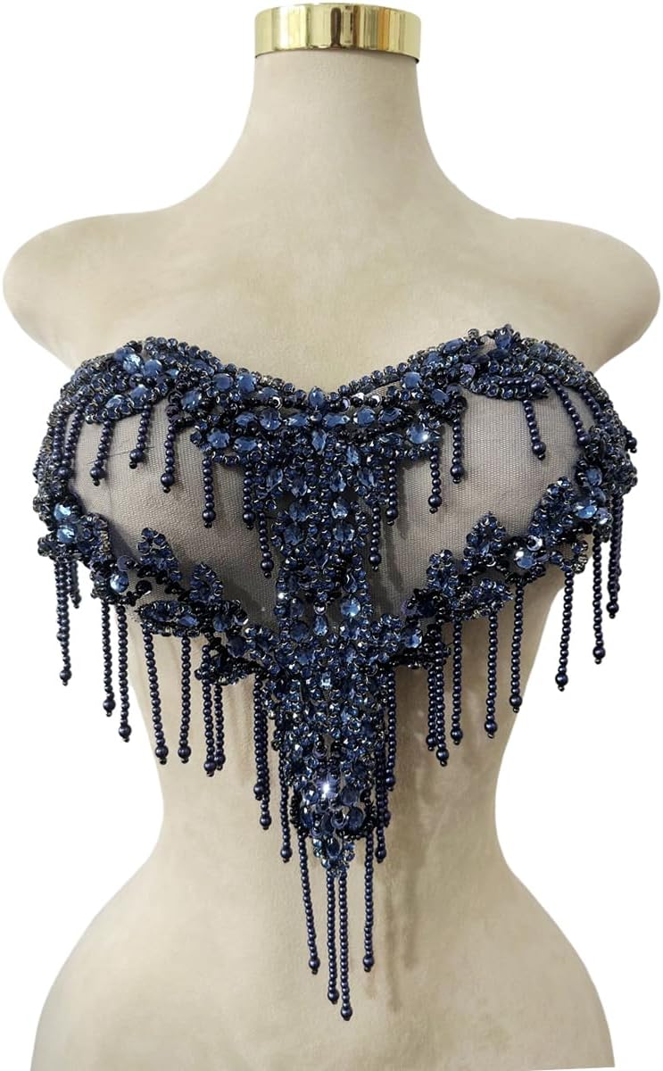 MOPISVN Handmade Crystal on lace Applique Sewing Rhinestones Fringe Beads Sequins Patches Trim Luxury Decoration Accessories for Wedding Dress 17X12.5inches (Deepblue) - Image 1